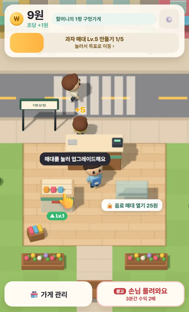 처음 시작한 가게: 보유금 9원 초당 +1원, 목표 과자 매대 Lv.5 만들기 1/5, 과자 매대 Lv.1과 잠긴 음료 매대(열기 25원)